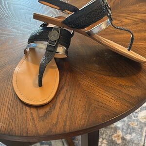 Navy and Silver Thong Sandals with Ankle Strap